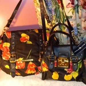 COLORFUL TULIP PRINT MINI CROSSBODY PURSE W/ MATCHING TULIP PRINT SATCHEL PURSE